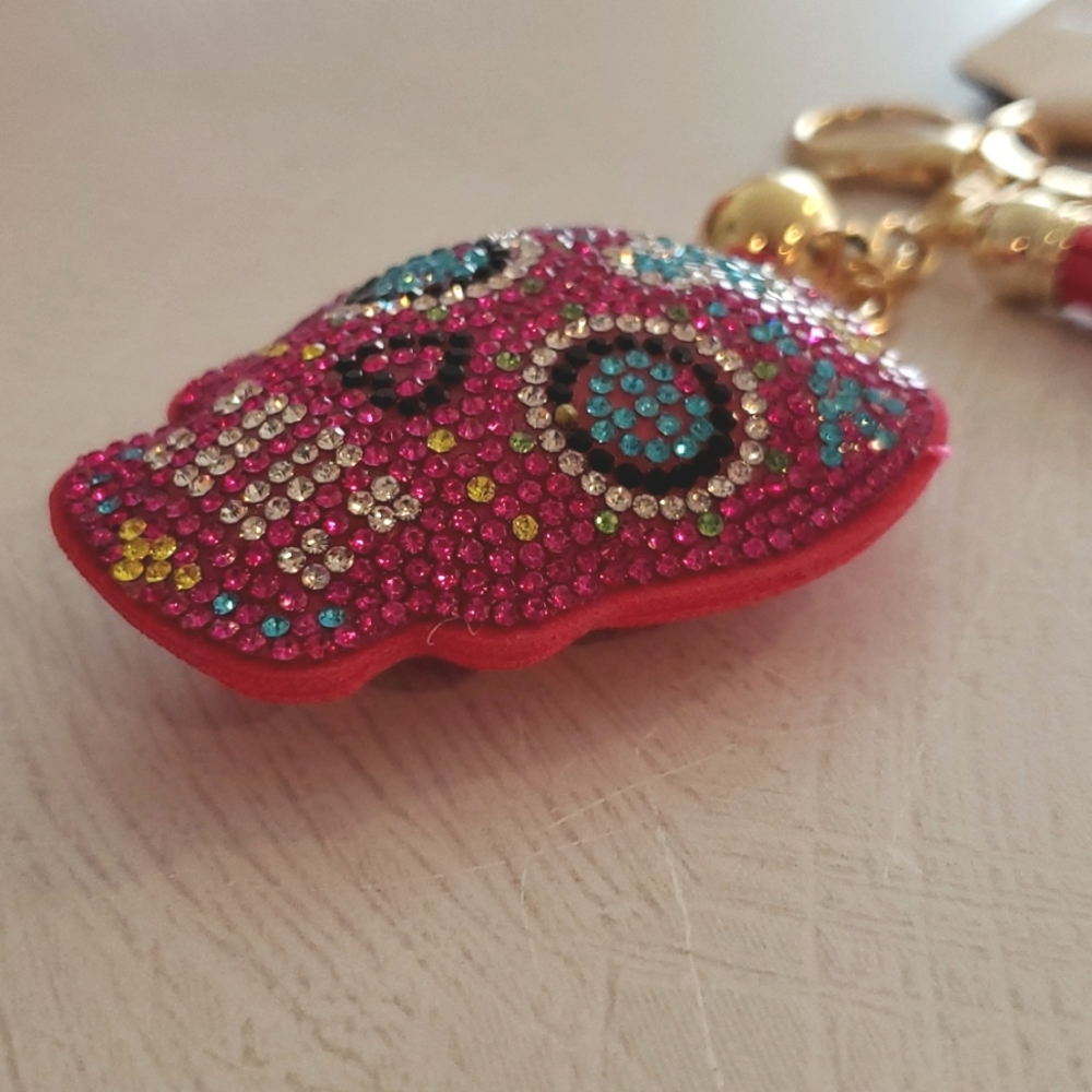 Pink sugar skull puffy keychain multicolored rhinestones ball tassel - Picture 3 of 5